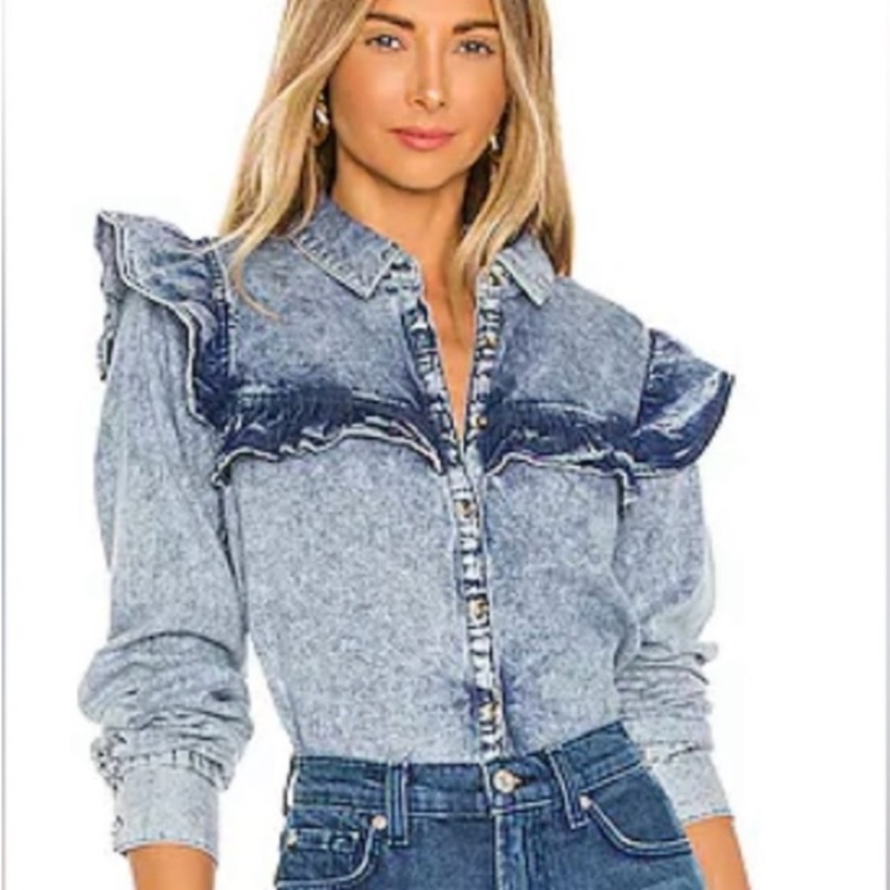 Free People Samantha Ruffle Button down, Indigo Blue Acid Wash XS